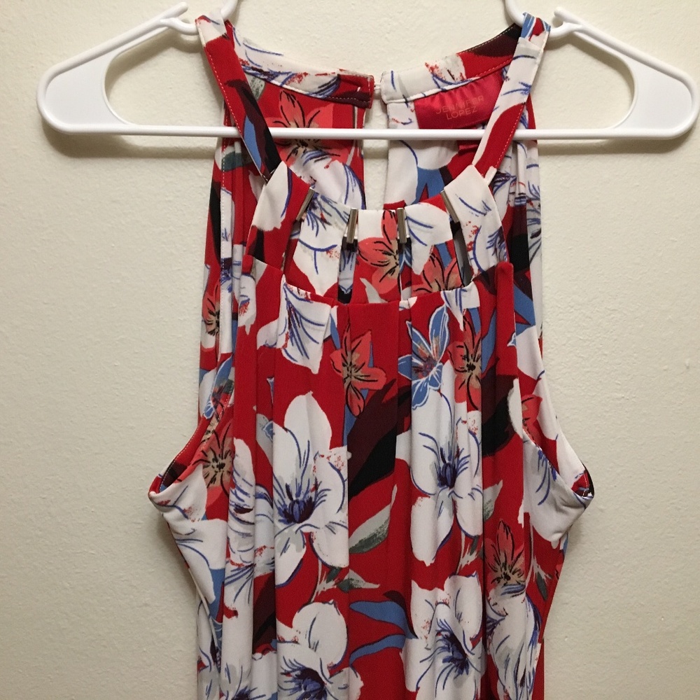 Jennifer Lopez red Hawaiian print dress